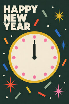 Happy New Year greeting card featuring a minimalist midnight countdown clock, colorful confetti, sparkling stars and bold cream typography on a dark forest green background in a retro geometric style