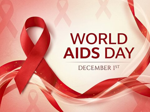 World aids day awareness ribbon with text on a soft pink background