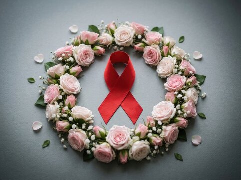 Floral wreath with a red ribbon symbolizing world aids day awareness and remembrance