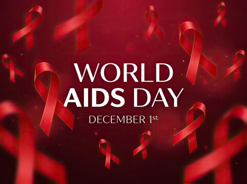 World aids day awareness message with falling red ribbons on a dark background