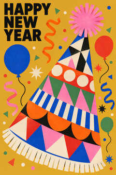 Happy New Year greeting card featuring a colorful geometric party hat with pink pom pom, festive balloons, streamers, confetti and bold black typography on a bright yellow retro background