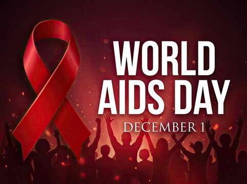 World aids day awareness ribbon with text on a blurred background
