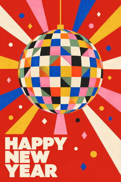 Happy New Year greeting card featuring a colorful geometric disco ball, vibrant red and yellow sunburst rays, playful confetti and bold white typography in a retro festive illustration style