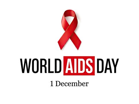 World aids day awareness ribbon with text and date on a white background