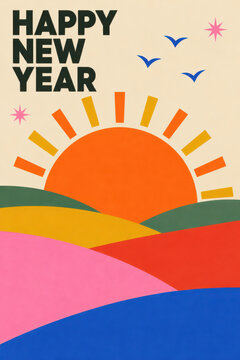 Happy New Year greeting card featuring a vibrant orange sunrise over colorful abstract rolling hills, flying birds and playful pink stars with bold typography in a retro geometric illustration