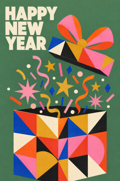 Happy New Year greeting card featuring a colorful geometric gift box bursting with festive stars, ribbons, confetti and abstract shapes on a green background in a playful retro illustration style
