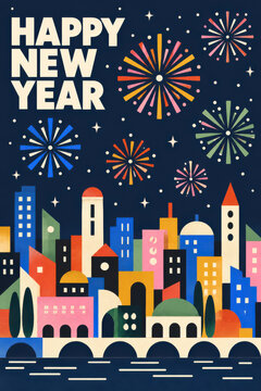 Happy New Year greeting card featuring colorful city skyline, festive fireworks and bold white typography on a dark navy night sky background in a playful retro illustrated style design