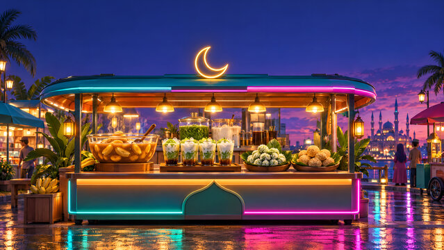 Futuristic Neon Takjil Street Food Stall at Twilight with Crescent Moon Sign, Kolak, Es Cendol, Klepon and Onde-Onde, Stylized 3D Ramadan Scene