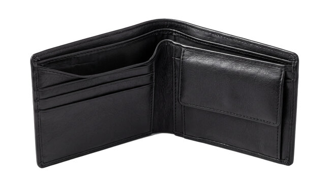 Open black leather wallet with multiple card slots and currency compartments mens personal finance billfold