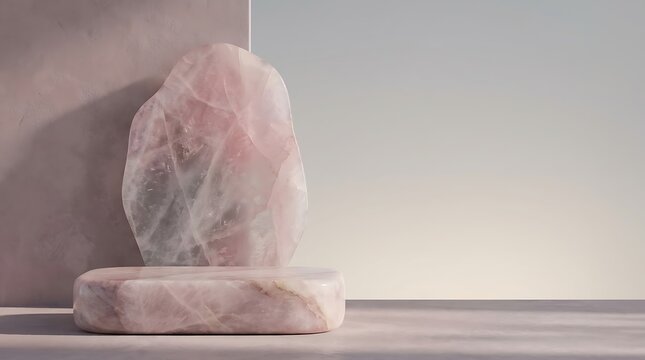 Minimalist pink rose quartz stone display podium for luxury product presentation