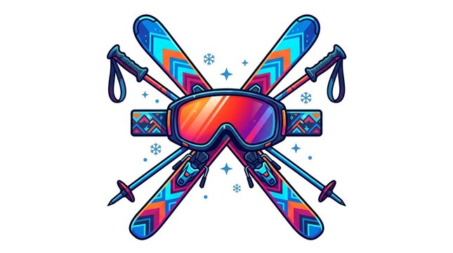 Vibrant vector illustration featuring crossed skis, ski poles, and snow goggles, perfect for winter sports and skiing adventures