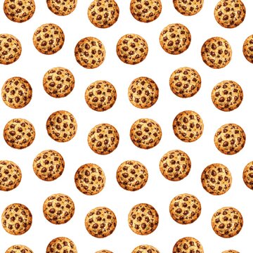 Seamless pattern of delicious chocolate chip cookies arranged in a repeating design