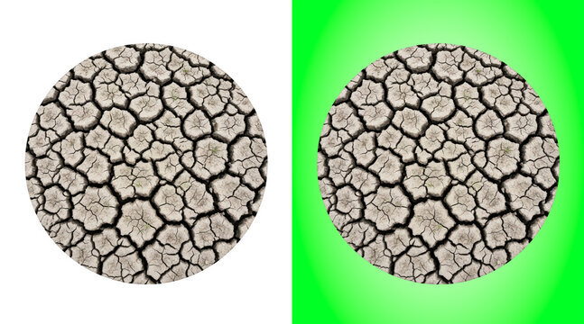Circular texture of dry cracked earth soil pattern isolated on a clean white background surface