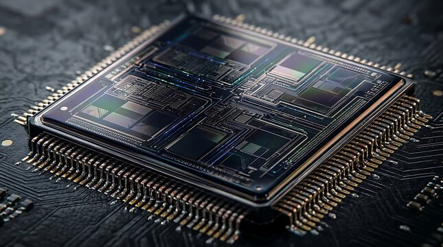 Microcontroller chip with intricate circuitry on black motherboard in macro top view