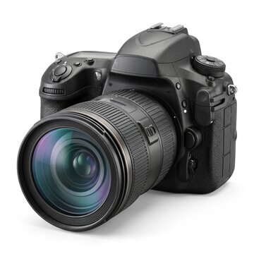 Professional black DSLR camera with large zoom lens on white background