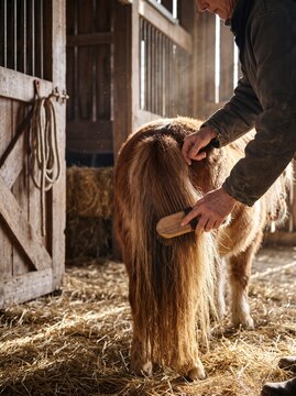 Gentle Grooming Routine Brushing Miniature Pony Tail in Warm Barn Light