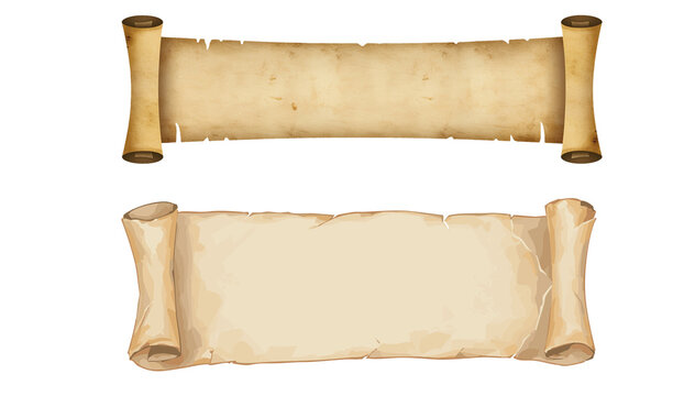 Rolled old parchment paper scrolls set. Vintage paper scroll banners with wooden handles, medieval antique document, manuscript ribbon, retro decoration, transparent background