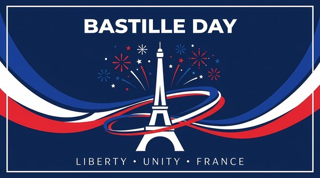 Happy Bastille Day French National Day Greeting Card Template, Eiffel Tower Vector Illustration with France Flag Tricolor Ribbons and Fireworks