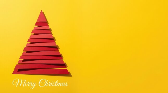 Creative red christmas tree paper art positioned on a warm yellow surface with copy space