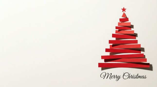 Minimalist red ribbon christmas tree craft card with greeting text on white with copy space
