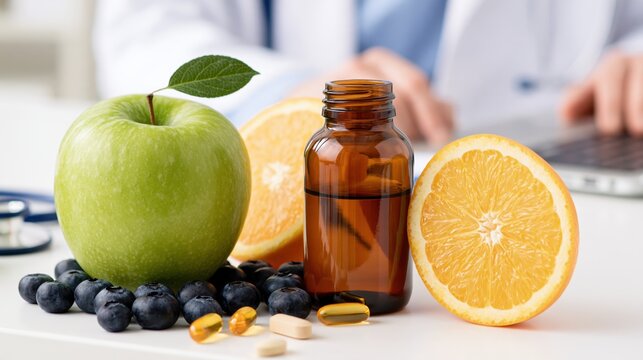 Fresh fruit and supplements arranged for a wellness consultation with a clinician at a laptop