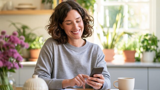 Woman in a gray sweater checks her smartphone in a bright, plant-filled kitchen at home