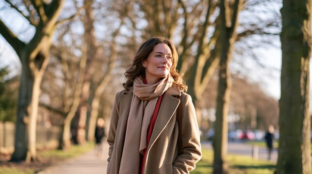Woman in a scarf and long coat pauses on a tree-lined park path in warm afternoon light