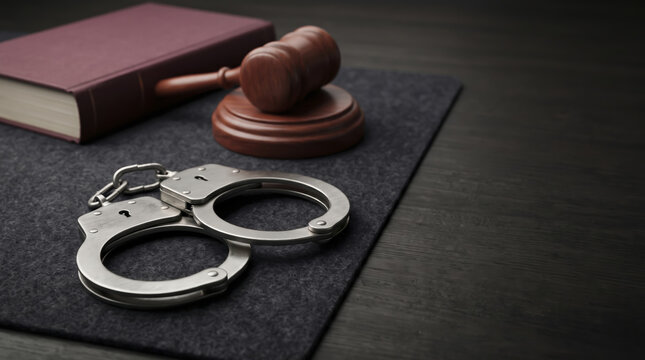 Steel handcuffs rest quietly beside wooden gavel placed on sound block atop office table. Metal restraints accompany judicial mallet, conveying solemn concepts of punishment and legal order.