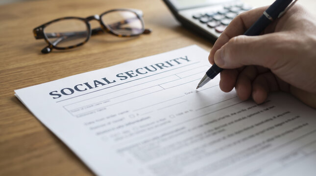 Hand writes on social security document during retirement planning process at wooden table. Organized adult signs official government claim paper beside calculator and reading glasses.