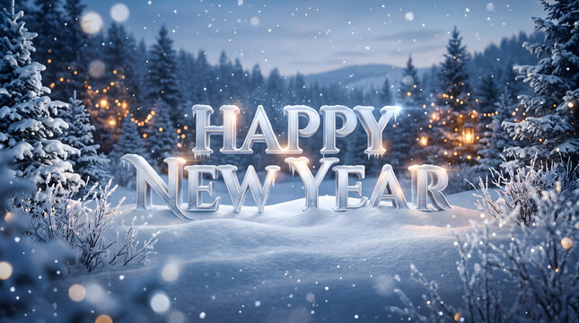 Glacial Happy New Year message gleams amid snowy pine trees during calm winter evening. Sculpted ice lettering delivers holiday greeting against tranquil evergreen forest backdrop outdoors.