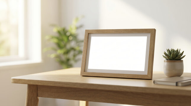 Empty picture frame mockup sits on light oak tabletop beside notebook. Natural wooden frame presents clean white display area designed for poster placement inside serene minimal workspace.