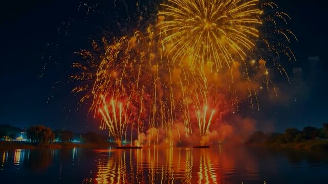 Spectacular golden fireworks display exploding over a lake with reflections in the dark night sky, New Year celebration concept stock photo,fireworks over lake, golden fireworks, water reflection, dar