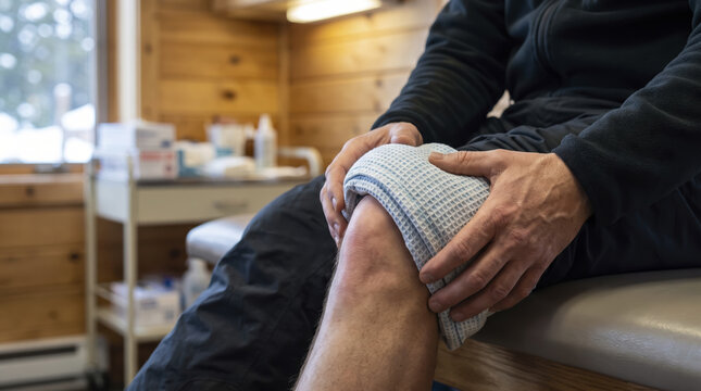 Person applies wrapped ice pack to swollen knee joint while resting inside clinic examination room. Injured adult patient receives cold therapy treatment after outdoor winter sport activity.