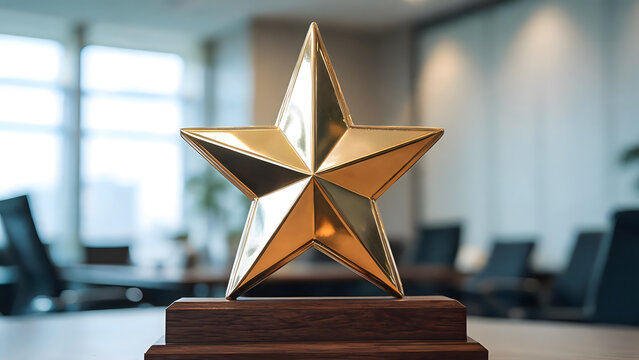 Editorial awards emblem gleams brightly upon dark timber plinth on executive table. Polished golden star statuette symbolizes triumphant leadership, peak accomplishment and team achievement.