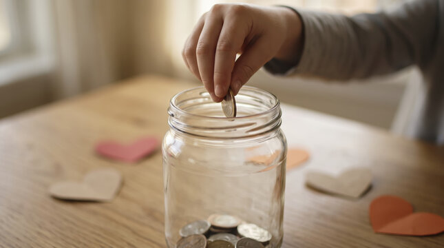 Child hand dropping silver coin into glass jar with colorful paper hearts for Giving Tuesday charity donation on wooden table background
