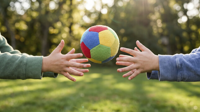 Children reaching toward colorful soft ball demonstrate playful energy outside. Joyful kids stretch small hands forward while catching airborne plush toy above sunny green park lawn.