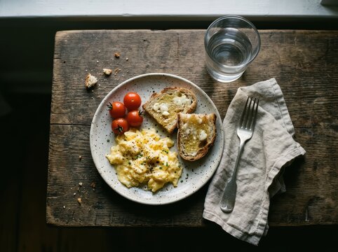 Scrambled Egg Breakfast With Toast And Tomato On Table