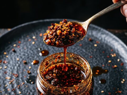 Chili Crisp Dripping From Spoon Above Open Glass Jar