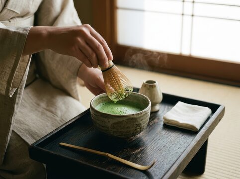 Sleeved Hand Whisking Matcha Tea On Low Wooden Tray