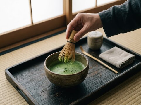 Hand Whisking Matcha Tea On Traditional Wooden Tray