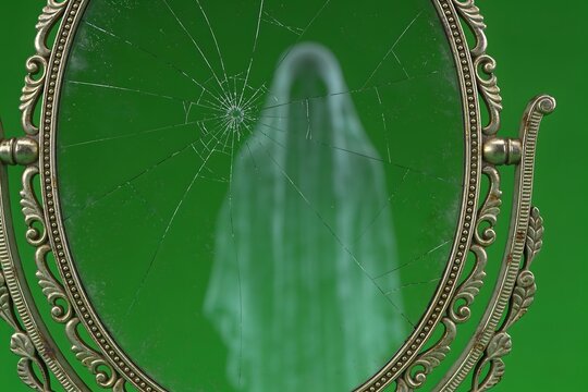 Ornate antique hand mirror with cracked glass and tarnished frame reveals a faint ghostly silhouette in its reflection on a solid green background
