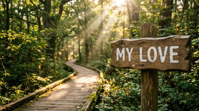 A rustic wooden sign with the words my love standing beside a scenic boardwalk path in a sunlit forest