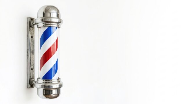 A classic vintage barber shop pole with red white and blue stripes mounted on a plain white background