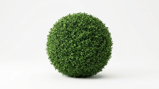 A single decorative artificial green boxwood topiary ball isolated on a clean white background for interior design and landscaping