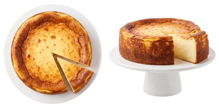 traditional crustless baked cheesecake presented whole and sliced on a cake stand