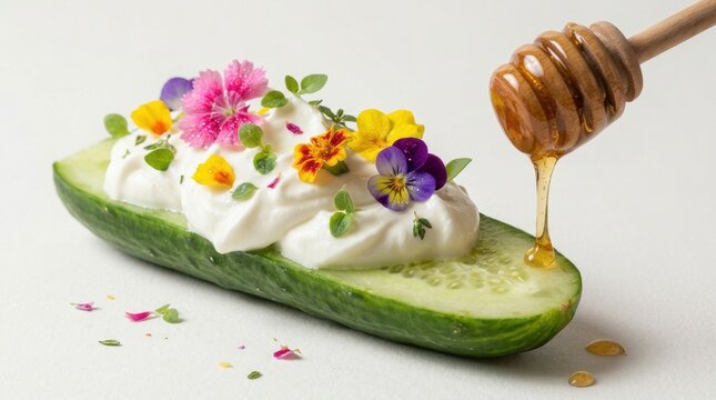 Elegant dessert featuring creamy white mousse on a cucumber base drizzled with golden honey and colorful edible flowers