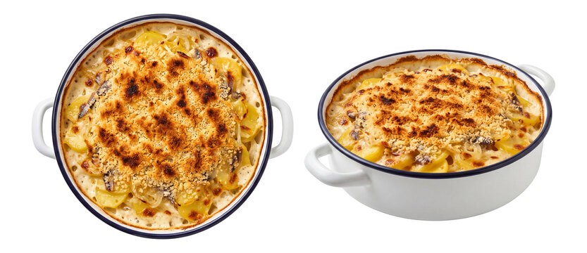 creamy potato gratin with a golden crispy crust served in a round baking dish