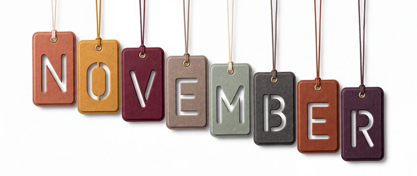 Word November cut out of thick autumn-colored leather tags hanging on leather cords