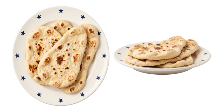 golden homemade garlic naan flatbread served warm on a patterned ceramic plate