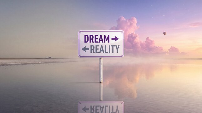 Sign in shallow water with reflections at twilight pointing towards dream and reality